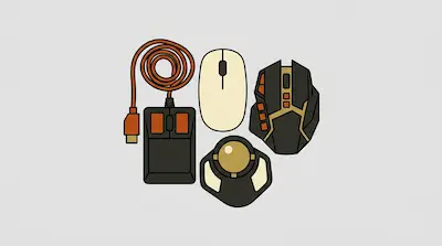 Four computer mice of different designs, including a wired rectangular mouse, a simple white mouse, a complex gaming mouse, and a trackball mouse.