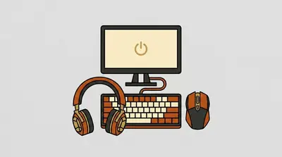 A monitor with a power symbol on screen, a keyboard below it connected by a cable, headphones to the left, and a mouse to the right.