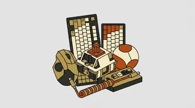 A collection of mechanical keyboard components, including a large switch, two keyboards, a mouse, and a coiled cable.