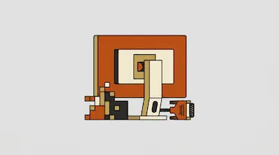 A stylized computer monitor viewed from behind with a VGA cable and pixelated blocks.