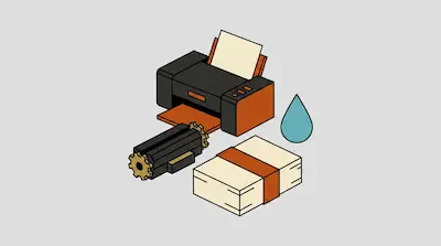 A black and orange printer sits next to a toner cartridge, a stack of paper, and a blue water droplet.