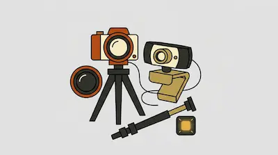 A collection of camera equipment including a DSLR on a tripod, a webcam, a lens, and a monopod.