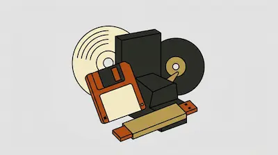 A collection of computer storage devices including a floppy disk, a CD, a hard drive, and a USB flash drive.