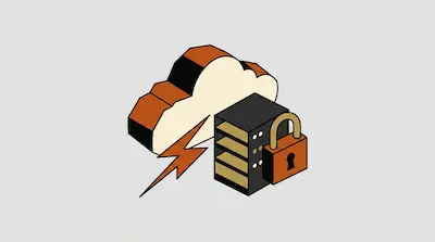 An isometric cloud, a server rack with a padlock, and a lightning bolt.