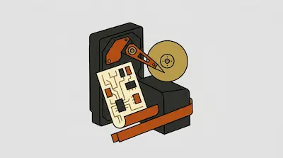 Stylized components of a hard disk drive, including a gold platter, orange actuator arm, and a circuit board.