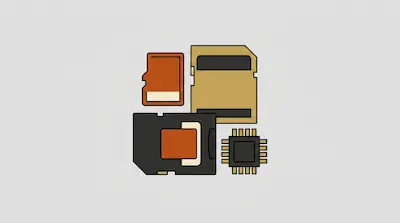 Stylized illustrations of various memory cards and a microchip.
