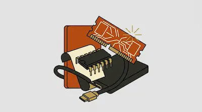 A stylized collection of computer hardware components, including a RAM module, a microchip, and a connector cable.