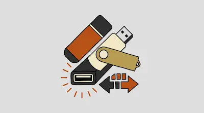 Stylized USB flash drives in orange, cream, and black colors with a double-headed arrow and radiating lines.