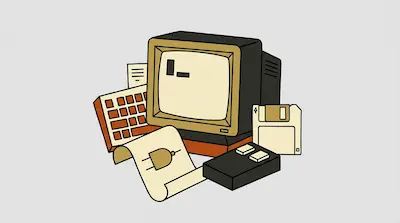 Vintage computer equipment including a CRT monitor, keyboard, floppy disk, and a paper with a logic gate symbol.