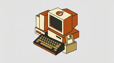 Isometric retro computer setup with a monitor, keyboard, and floppy disk in orange and cream tones.