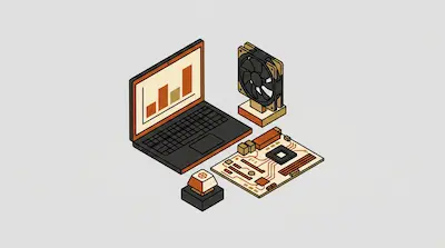 A laptop displaying a bar chart, a cooling fan, a motherboard, and a single keycap are arranged in an isometric style.