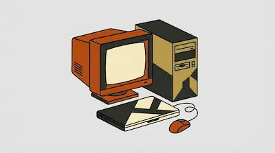 A retro desktop computer setup with an orange monitor, a tan tower, a patterned keyboard, and a mouse.