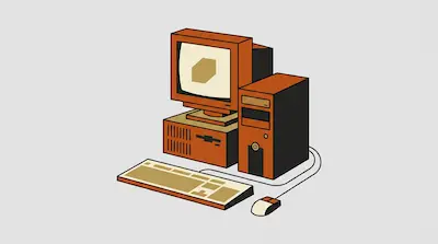 A retro computer setup with a monitor, two towers, a keyboard, and a mouse in orange and tan.