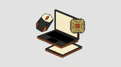 A stylized, isometric arrangement of a laptop, computer mouse, microchip, and tablet.