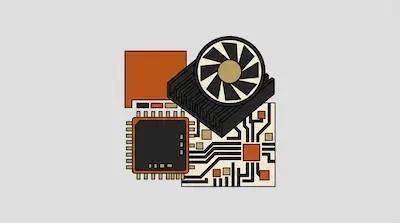 Stylized computer hardware components including a CPU chip, a circuit board, and a cooling fan.