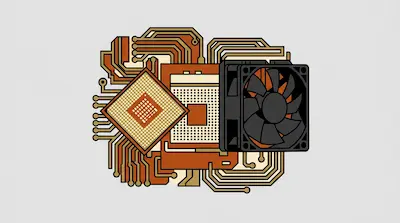A CPU chip, motherboard socket, and cooling fan surrounded by stylized circuit traces in orange and black.