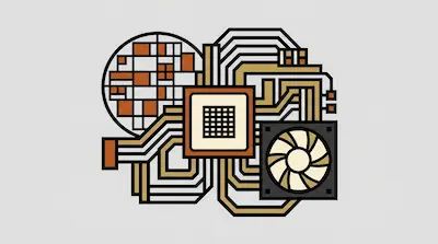 A central processor unit, a cooling fan, and a circular wafer are connected by thick, angular circuit board traces.