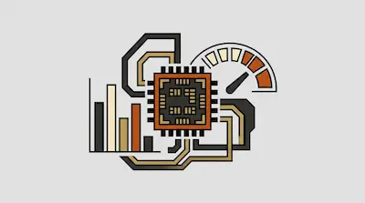 A computer chip surrounded by a bar chart, a speedometer gauge, and geometric circuit lines.