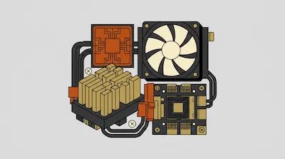 Stylized computer hardware components, including a cooling fan, heatsink, and circuit boards, are connected by black cables.