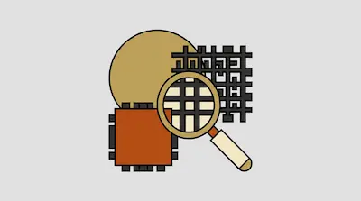 A magnifying glass focuses on a black grid, with a brown square and a tan circle in the background.