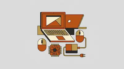 A stylized graphic of a laptop, two computer mice, a CPU chip, and a power adapter in shades of orange and tan.