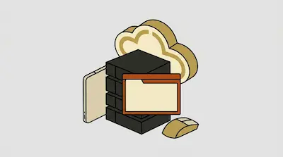 Isometric icons of a cloud, server stack, folder, tablet, and mouse.
