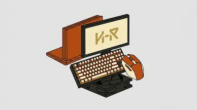 Isometric computer hardware including a monitor, keyboard, mouse, laptop, and fan in orange and cream colors.