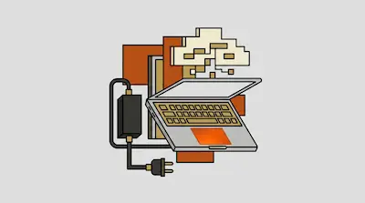 An open laptop connected to a power cord and plug, surrounded by abstract geometric shapes and a pixelated cloud.