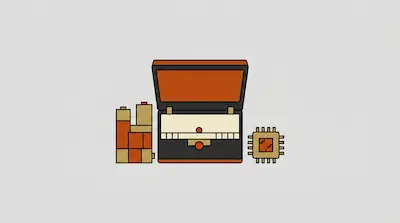 A stack of batteries, an open orange briefcase, and a microchip on a light gray background.