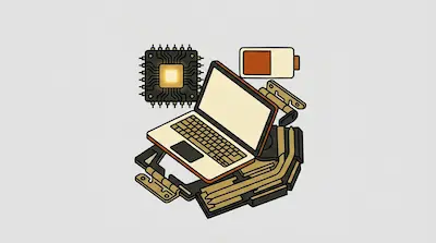 A laptop surrounded by a CPU chip, a battery icon, and various mechanical components.