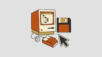 Flat illustration of a vintage computer with a file directory on screen, a floppy disk, and a mouse on a gray background