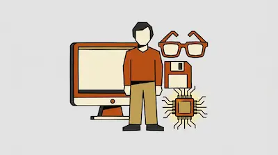 Flat illustration of a man standing next to a computer monitor, floppy disk, glasses, and a microchip on a gray background