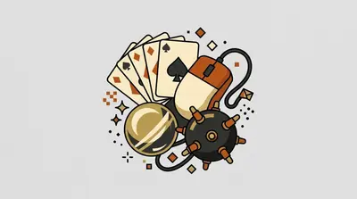 A fanned hand of playing cards behind an old computer mouse, a shiny gold pinball, and a round black mine with spikes.