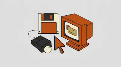 Flat illustration of a retro orange computer monitor, a floppy disk, and a pixelated cursor on a light gray background