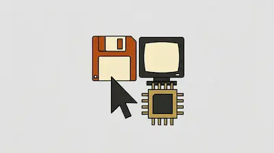 Flat illustration of a floppy disk, a computer monitor, a processor chip, and a mouse cursor on a gray background