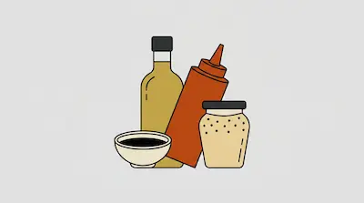 Four stylized condiment containers, including a tall yellow bottle, a red squeeze bottle, a jar of mustard, and a small bowl of dark liquid.