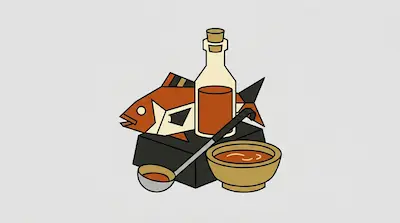 A stylized orange fish, a bottle of liquid, a bowl of soup, and a ladle arranged on a dark block.