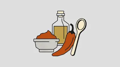 A bowl of red paste, a bottle of oil, a red chili pepper, and a wooden spoon.