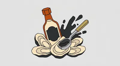 A bottle of hot sauce and a spoon with dark liquid are positioned behind a cluster of oysters.