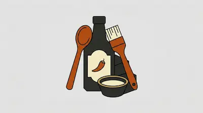 A dark bottle with a chili pepper label is surrounded by a wooden spoon, a pastry brush, and a small bowl of sauce.