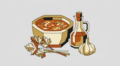 A bowl of soup, a bottle of oil, a head of garlic, and parsley sprigs in a stylized, geometric design.