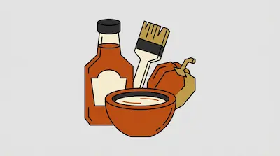 A bottle of sauce, a basting brush, a bowl of sauce, and a bell pepper.