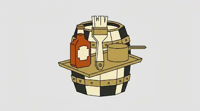 A barrel with a tray on top holding a bottle of sauce, a basting brush, and a small pot.
