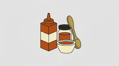 Flat illustration of a brown squeeze bottle, a small jar of sauce, and a wooden spoon on a light gray background