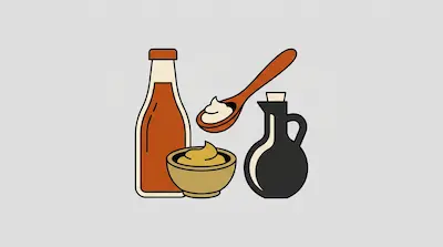 Flat illustration of a condiment bottle, a bowl of mustard, a wooden spoon, and a dark oil carafe on a gray background