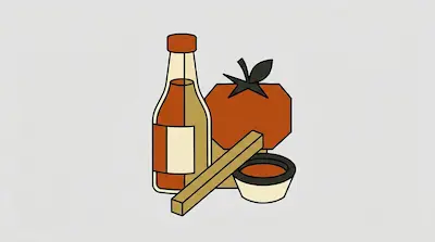 Flat illustration of a hot sauce bottle, a geometric tomato, and a small dipping bowl on a light grey background
