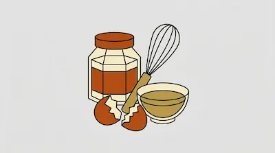 Flat illustration of baking ingredients including a honey jar, a wire whisk, a small bowl, and a cracked eggshell