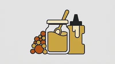 Flat illustration of a honey jar with a wooden spoon, a squeeze bottle, and small round berries on a gray background