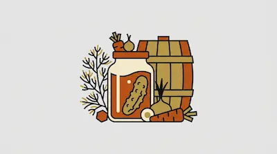 Flat illustration of a pickle jar, a wooden barrel, and fresh vegetables like carrots and onions on a gray background