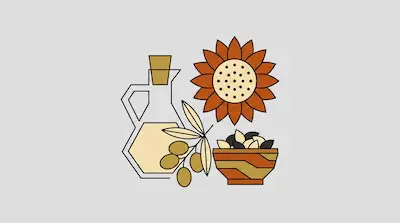 A bottle of oil, a sunflower, a branch of olives, and a bowl of seeds.